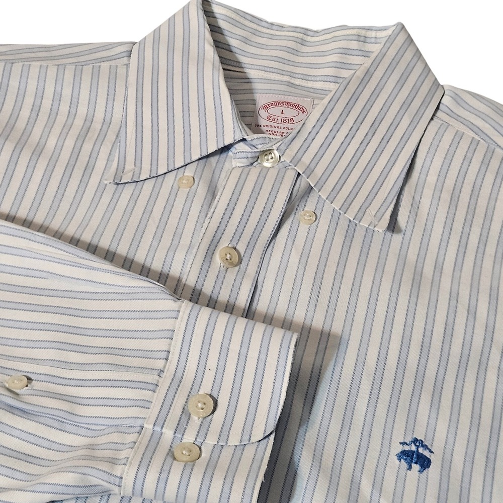 Brooks Brothers Shirt Mens L Blue GOLDEN FLEECE LOGO Striped Supima Non-Iron